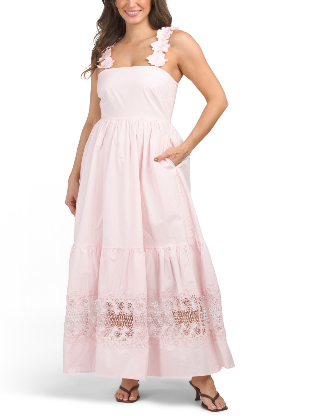 NWT Solitaire Maxi Dress with Floral Appliqué Shoulder Straps Light Pink